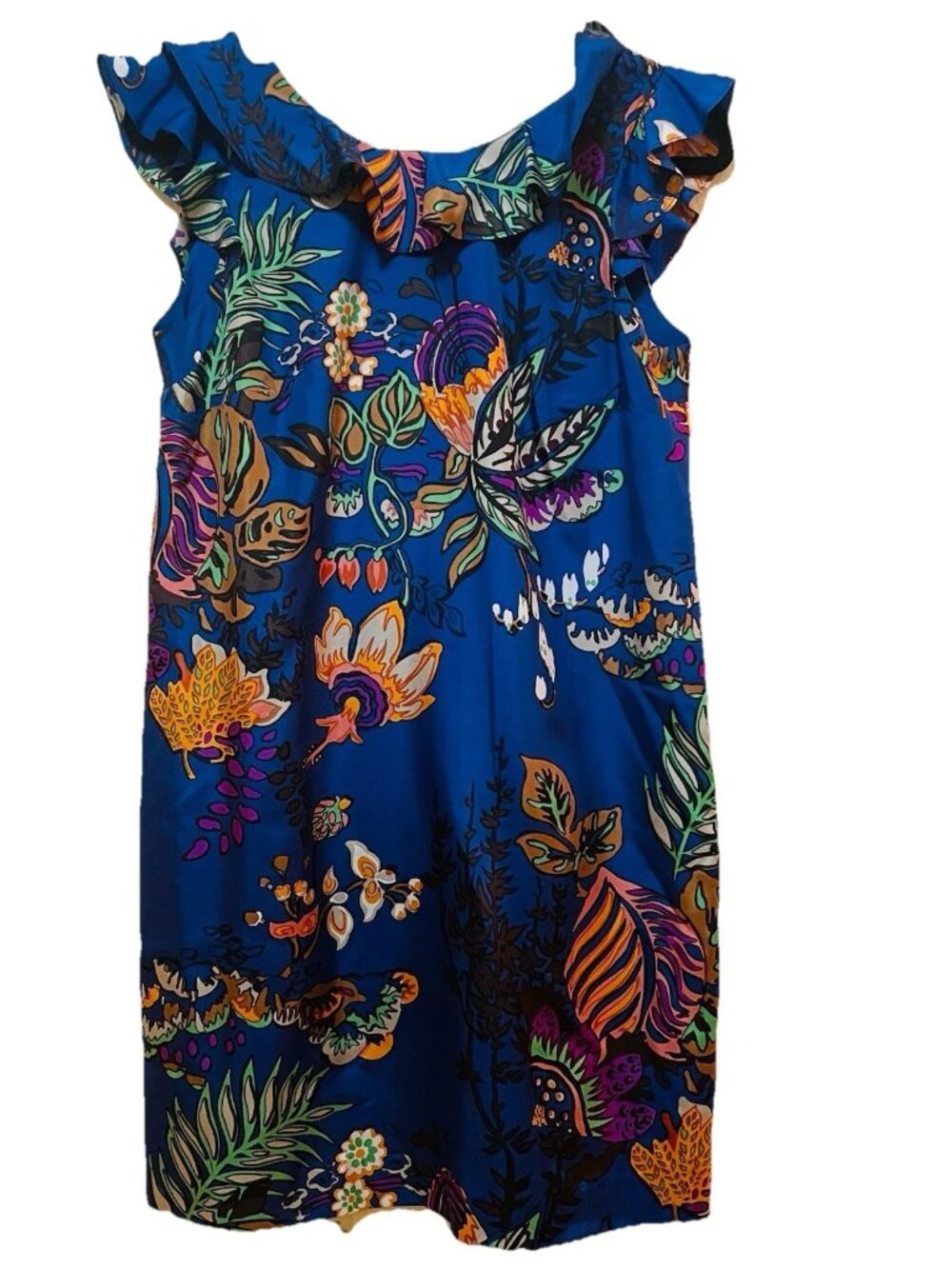 J. CREW Blue Tropical Floral 100% Silk Ruffle Dress Sz 4